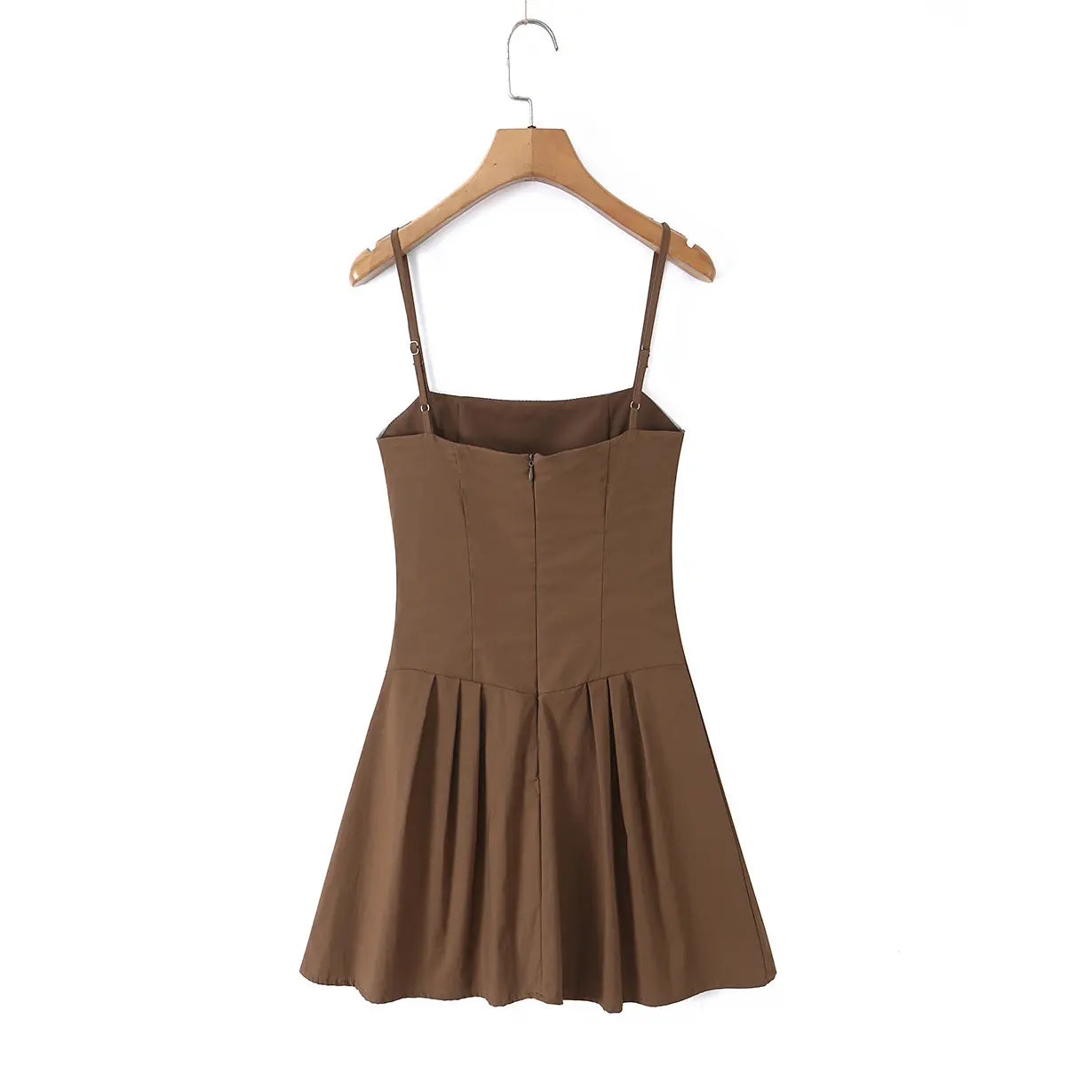Brown cami dress hanging on wooden hanger, back view showing simple silhouette