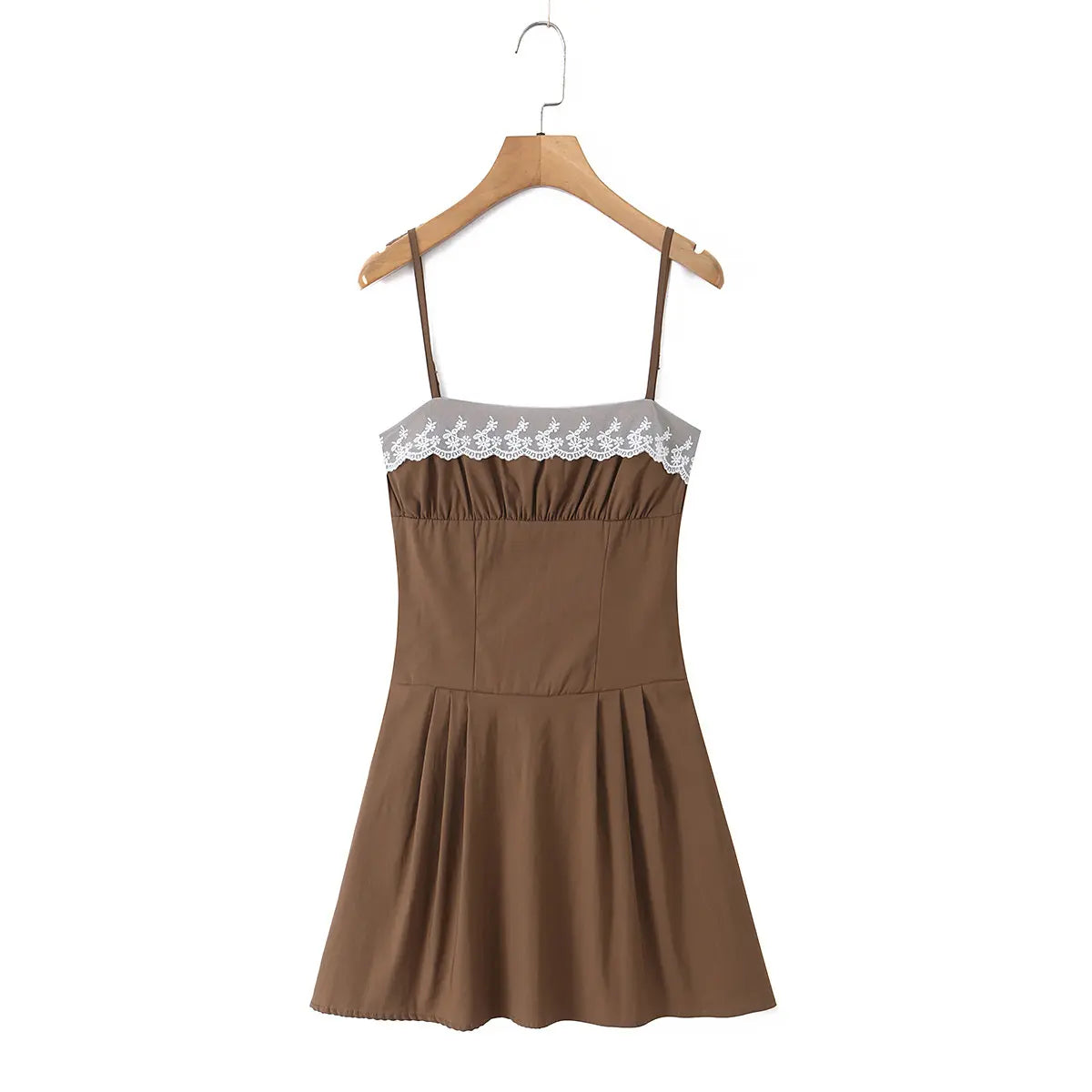 Brown cami dress with lace trim hanging on wooden hanger, front view