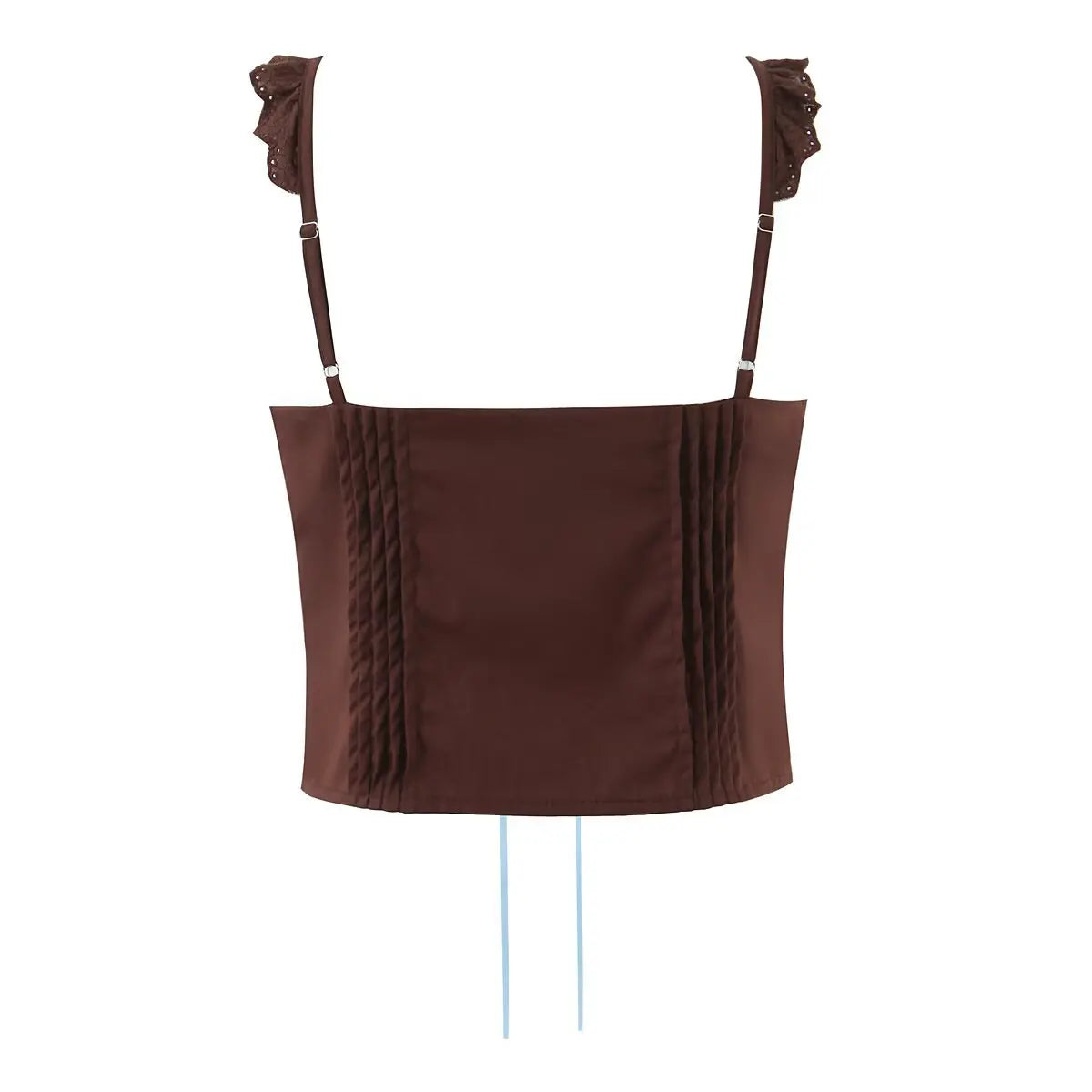 Brown lace cami corset top, back view on white background