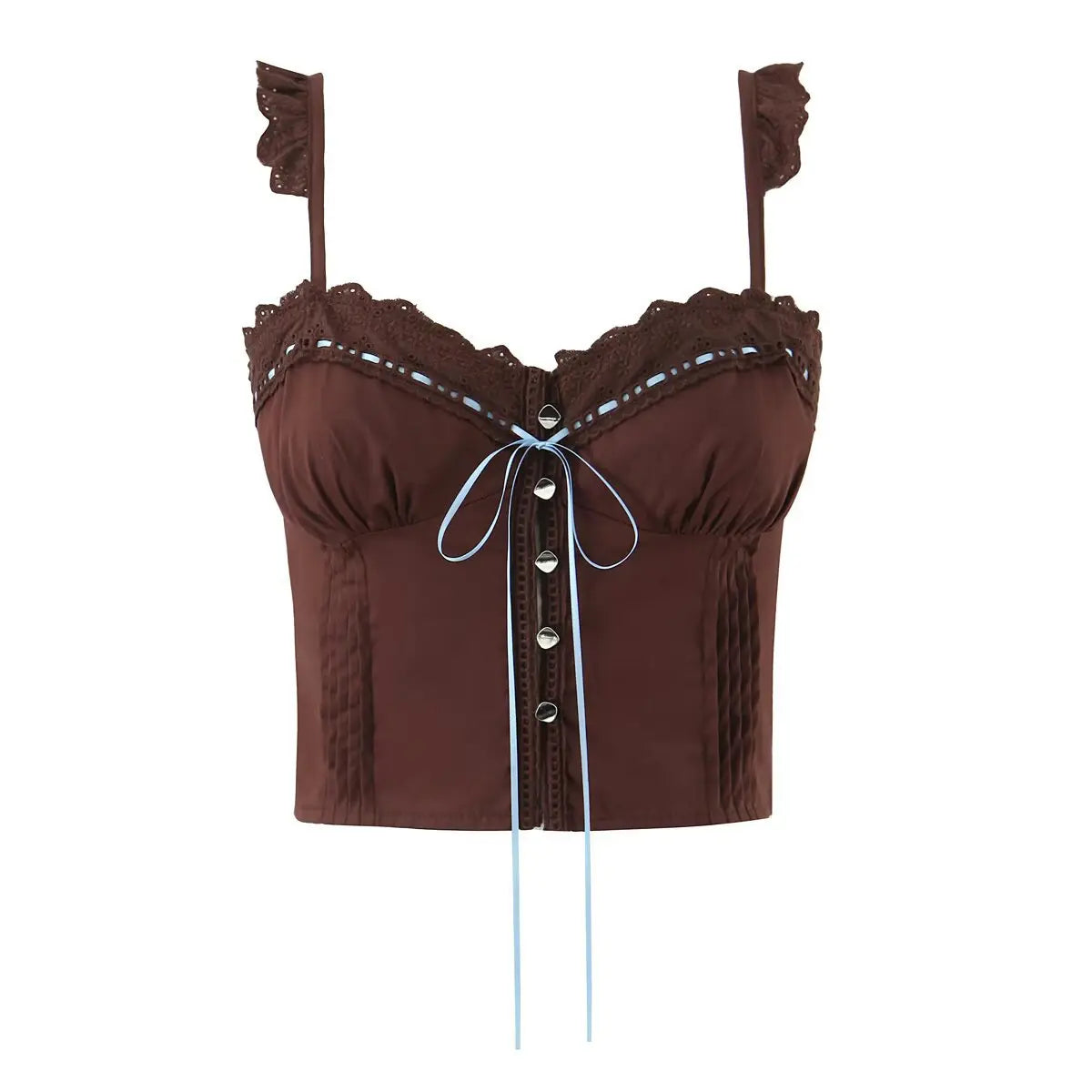 Brown lace cami corset top, full front view on white background