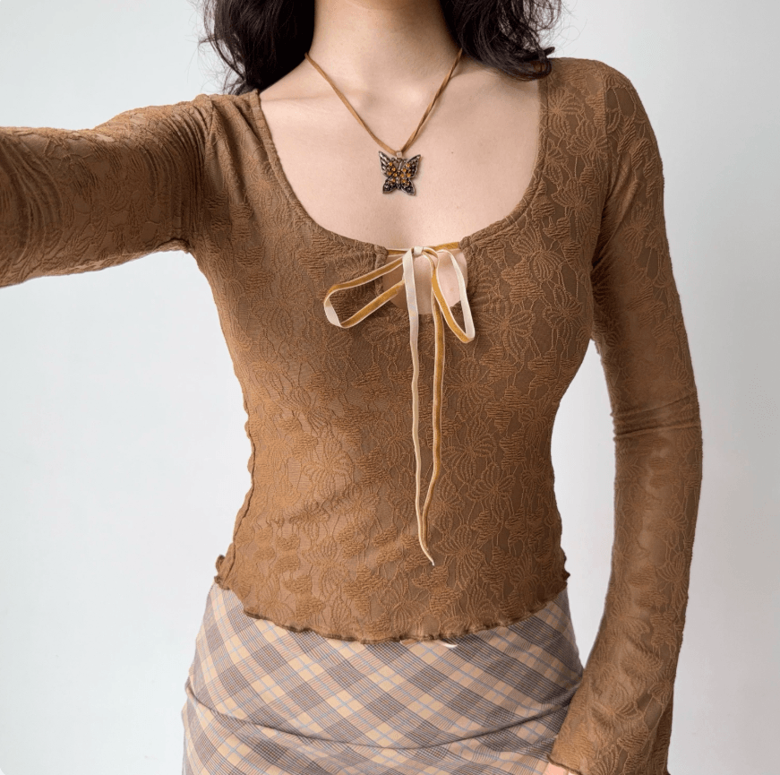 Women brown floral lace embroidery tie front long sleeve crop top, square neck bell sleeve sheer mesh vintage casual blouse