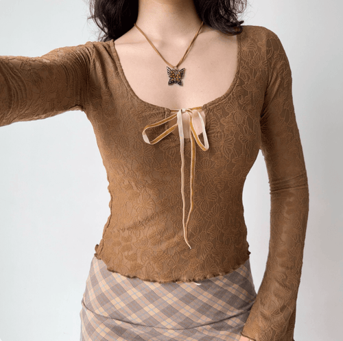 Women brown floral lace embroidery tie front long sleeve crop top, square neck bell sleeve sheer mesh vintage casual blouse
