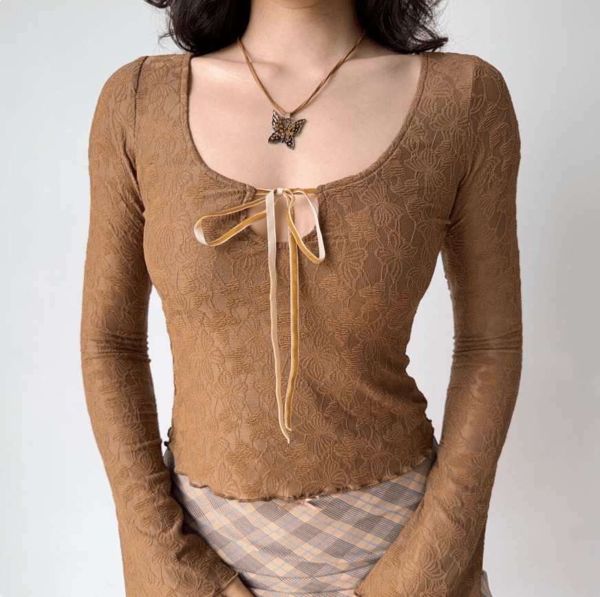 Women brown floral lace tie front long sleeve crop top, square neck sheer mesh bell sleeve vintage fairy top