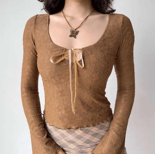 Women brown floral lace tie front long sleeve crop top, square neck sheer mesh bell sleeve vintage fairy top