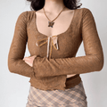 Brown lace square neck tie front crop top, women long bell sleeve sheer floral embroidery casual vintage blouse

