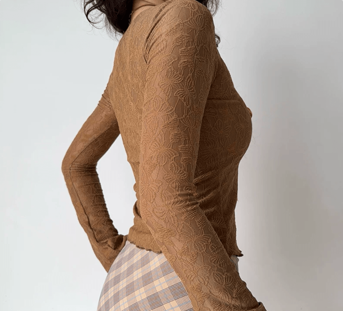 Side view women brown sheer lace long sleeve crop top, tie front square neck ruched fitted casual wear