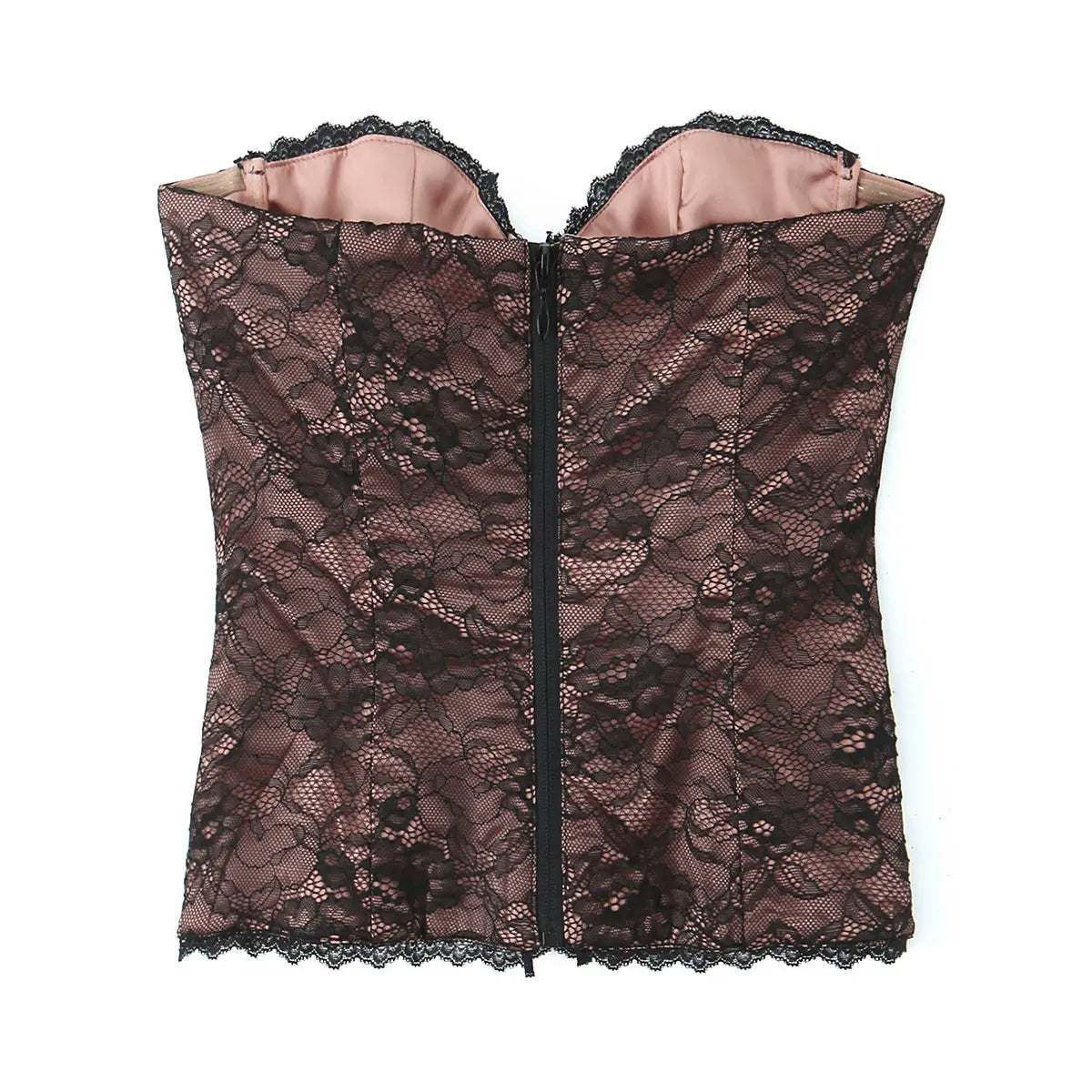 Back view of brown lace strapless tube top with zipper closure