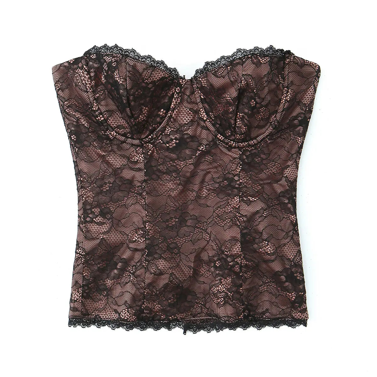 Close-up view of brown lace tube top showing intricate lace pattern and corset construction