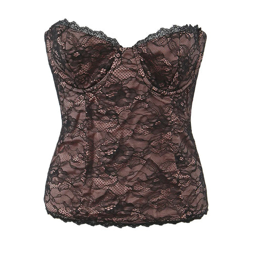 Front view of brown lace corset-style tube top with scalloped neckline and fitted silhouette