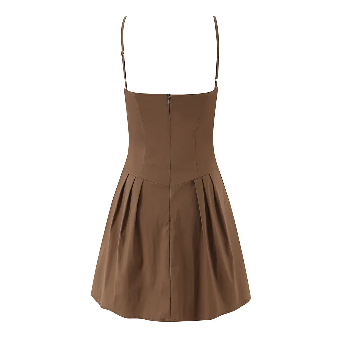 Back view of brown cami dress with fitted silhouette, center zipper and pleated skirt