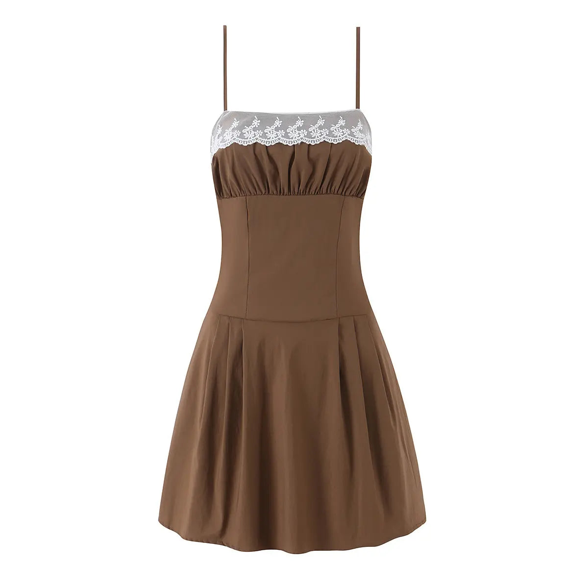 Front view of brown cami mini dress with white lace trim, gathered bust and pleated skirt