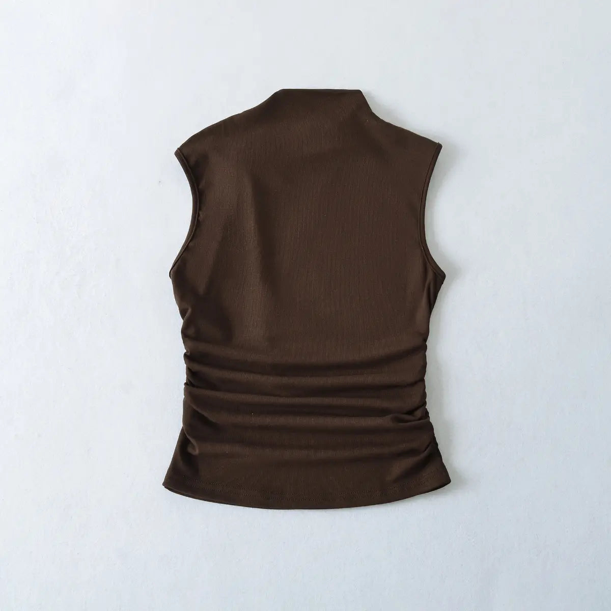 Back view of brown asymmetrical tank top with side ruching