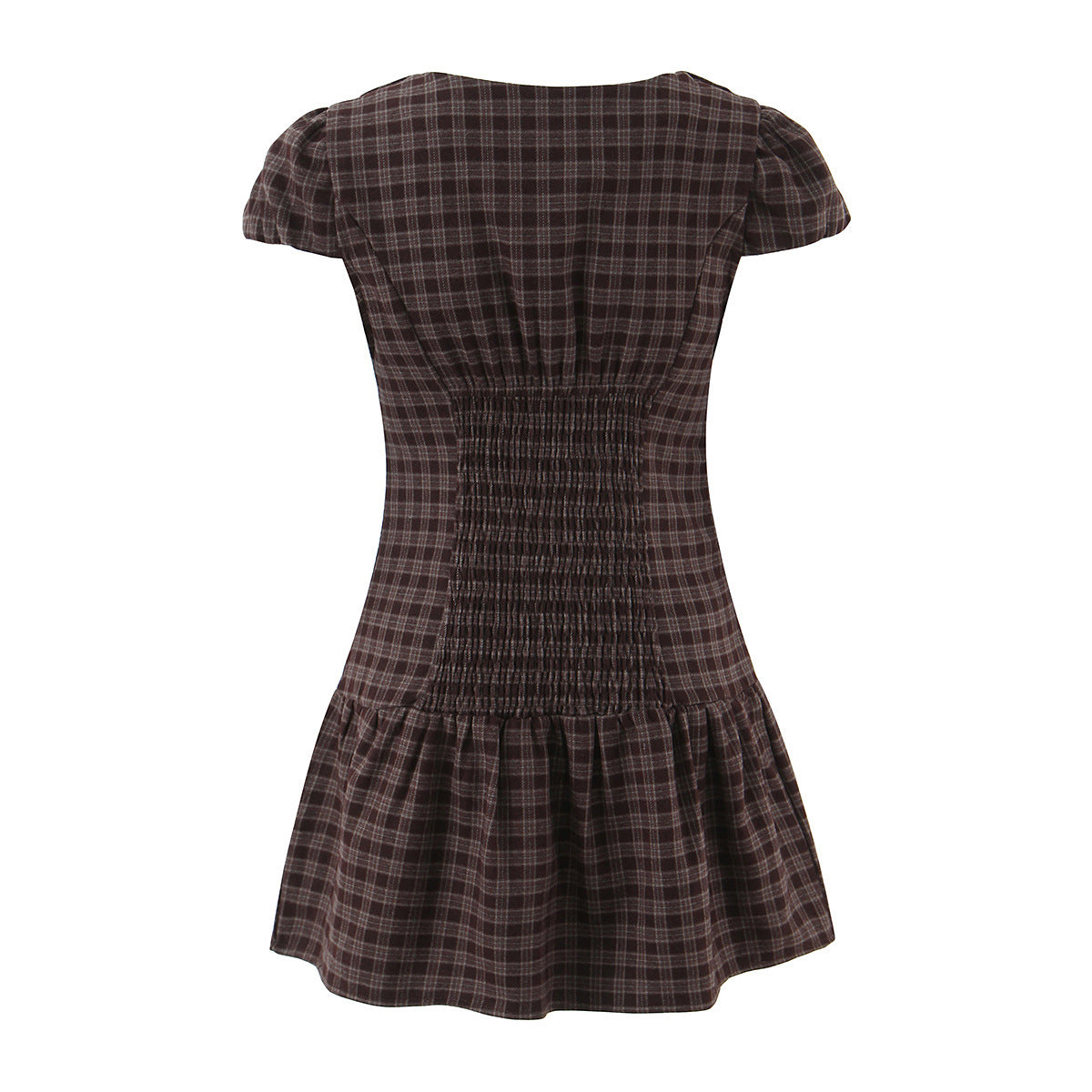 Back flat view brown plaid puff sleeve mini dress with smocked back, women's vintage casual outfit
