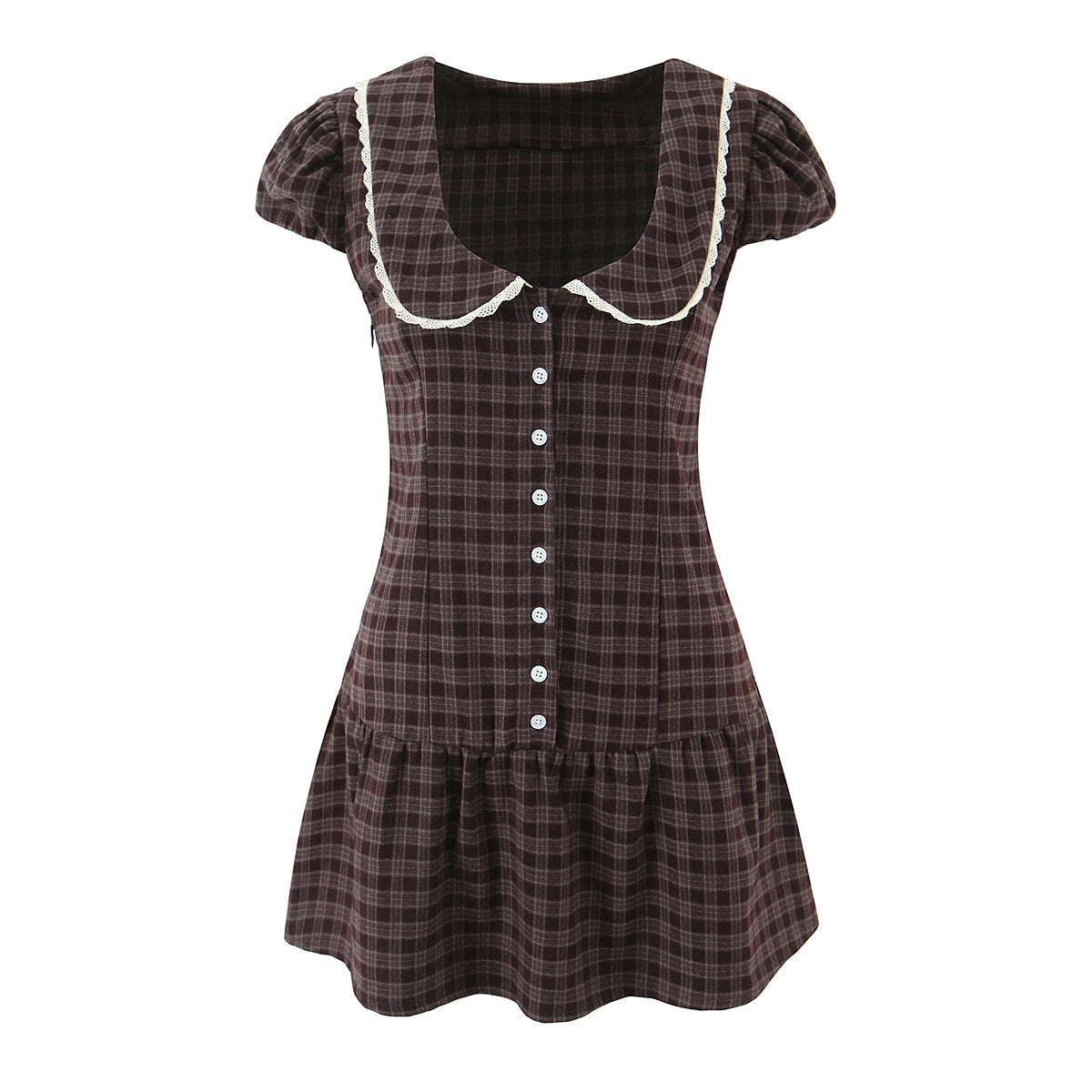 Front flat view brown plaid puff sleeve mini dress with lace collar and button front, vintage-inspired women's dress