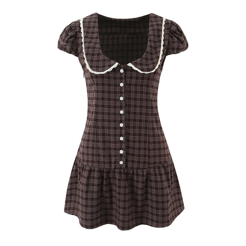 Front flat view brown plaid puff sleeve mini dress with lace collar and button front, vintage-inspired women's dress