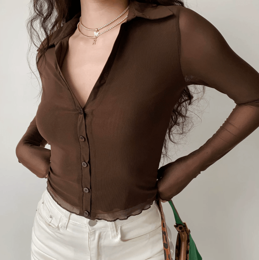 Front view brown polo collar sheer mesh button down long sleeve crop shirt, wavy hem slim fitted elegant vintage blouse