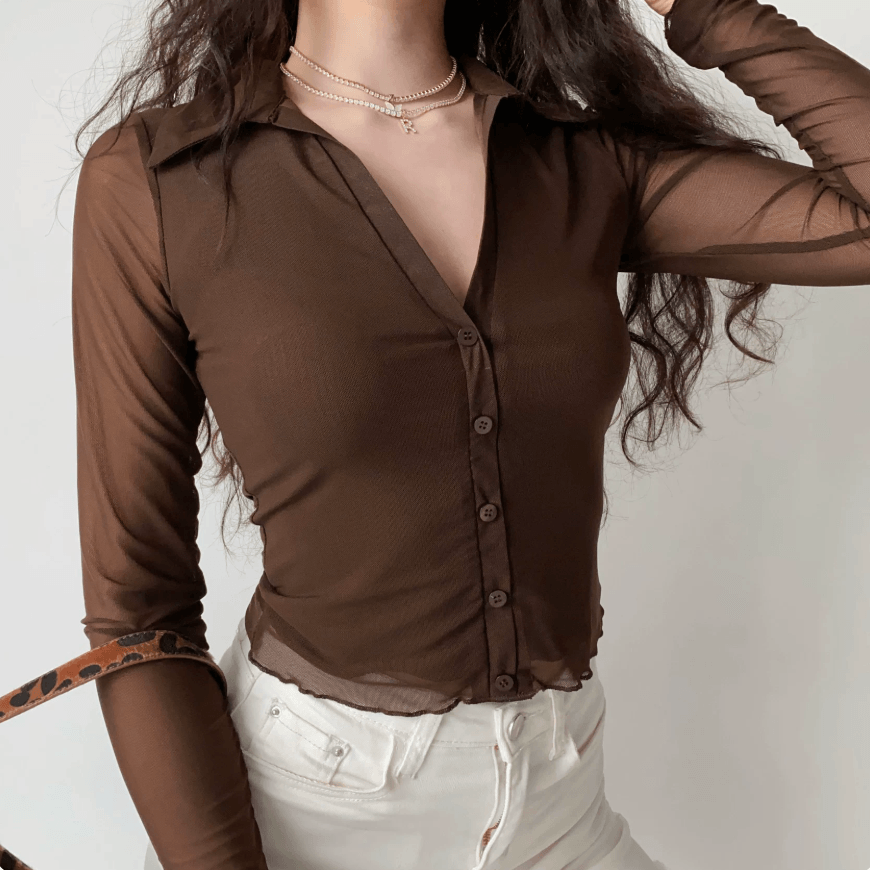 Full front view brown sheer mesh polo collar long sleeve crop shirt, button front wavy hem slim elegant vintage see through blouse