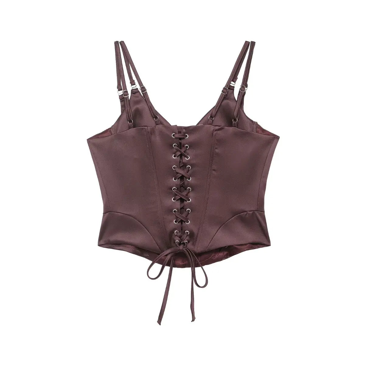 Back view of brown satin corset top with lace-up closure