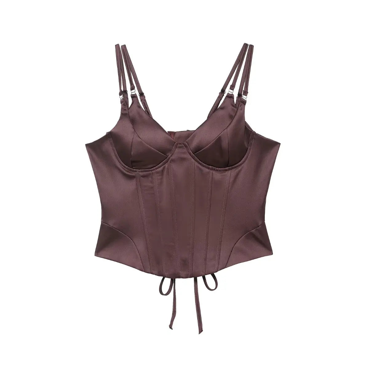 Brown satin corset top with double straps and lace-up back