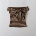 Front view of brown striped off-the-shoulder tube top with straight neckline and form-fitting cut