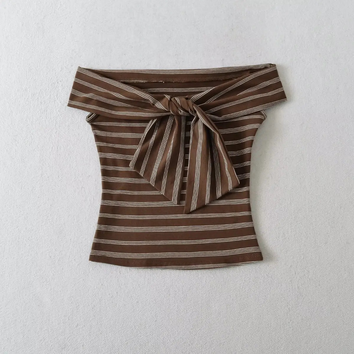 Front view of brown striped off-the-shoulder tube top with straight neckline and form-fitting cut