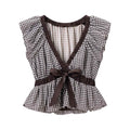 Front flat view brown white gingham plaid deep v neck dark brown contrast ruffle trim front bow tie waist cinched sleeveless peplum hem slim crop vest top, elegant vintage french casual outfit
