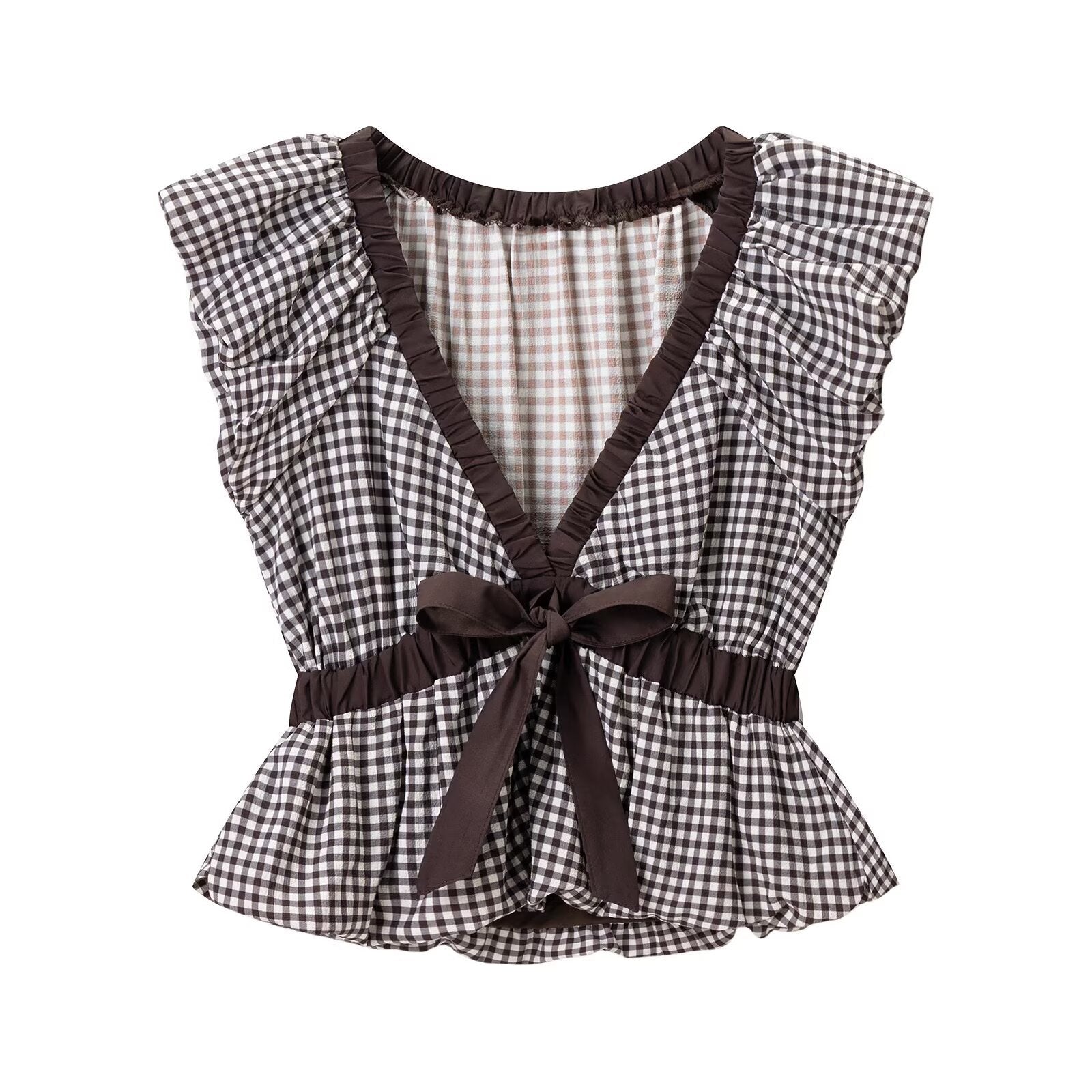 Front flat view brown white gingham plaid deep v neck dark brown contrast ruffle trim front bow tie waist cinched sleeveless peplum hem slim crop vest top, elegant vintage french casual outfit
