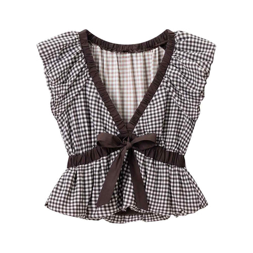 Front flat view brown white gingham plaid deep v neck dark brown contrast ruffle trim front bow tie waist cinched sleeveless peplum hem slim crop vest top, elegant vintage french casual outfit
