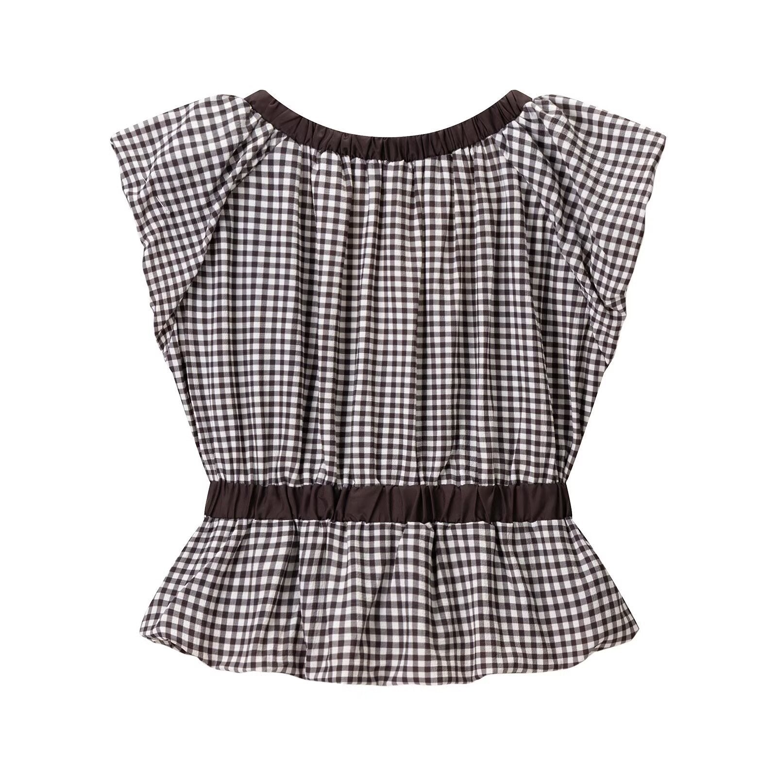 Back flat view brown white gingham plaid elastic gathered neck waist band sleeveless peplum hem crop vest top, sweet vintage casual blouse
