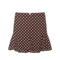 Front view of brown white polka dot flounce mini skirt with ruffled hem