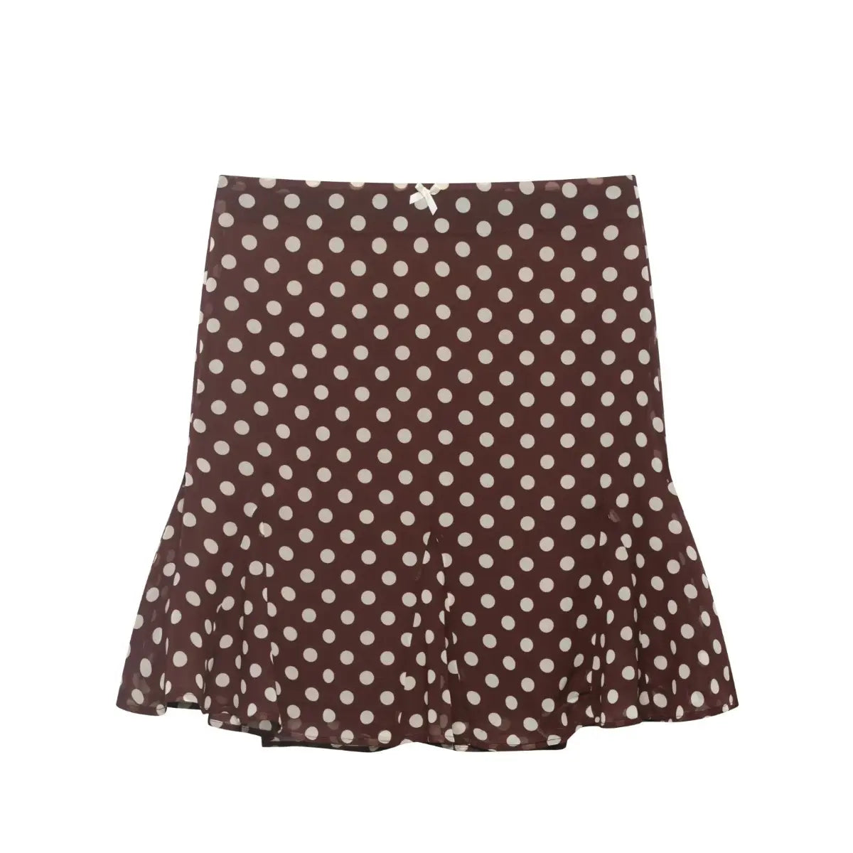 Front view of brown white polka dot flounce mini skirt with ruffled hem