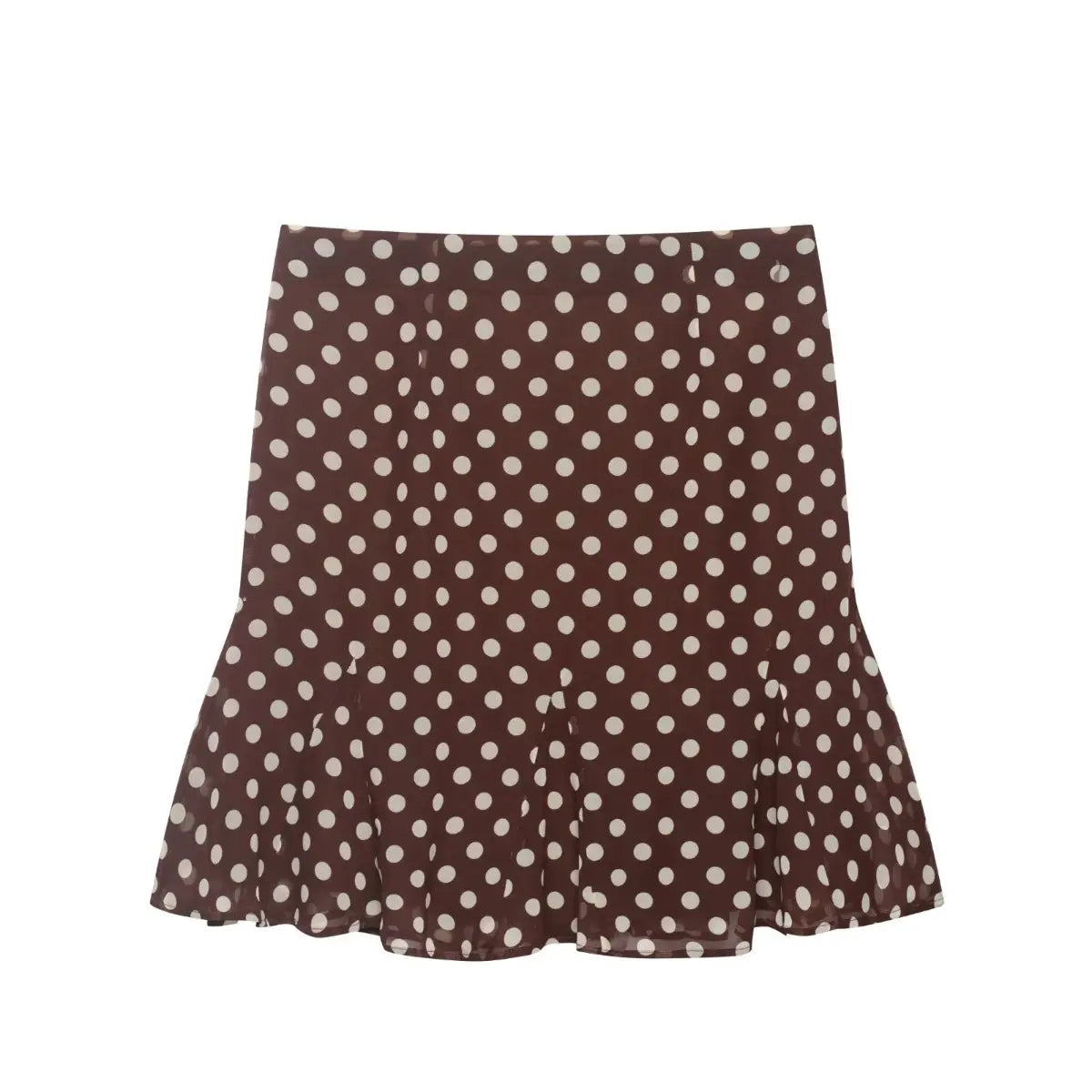 Back view of brown white polka dot flounce mini skirt with back bow detail