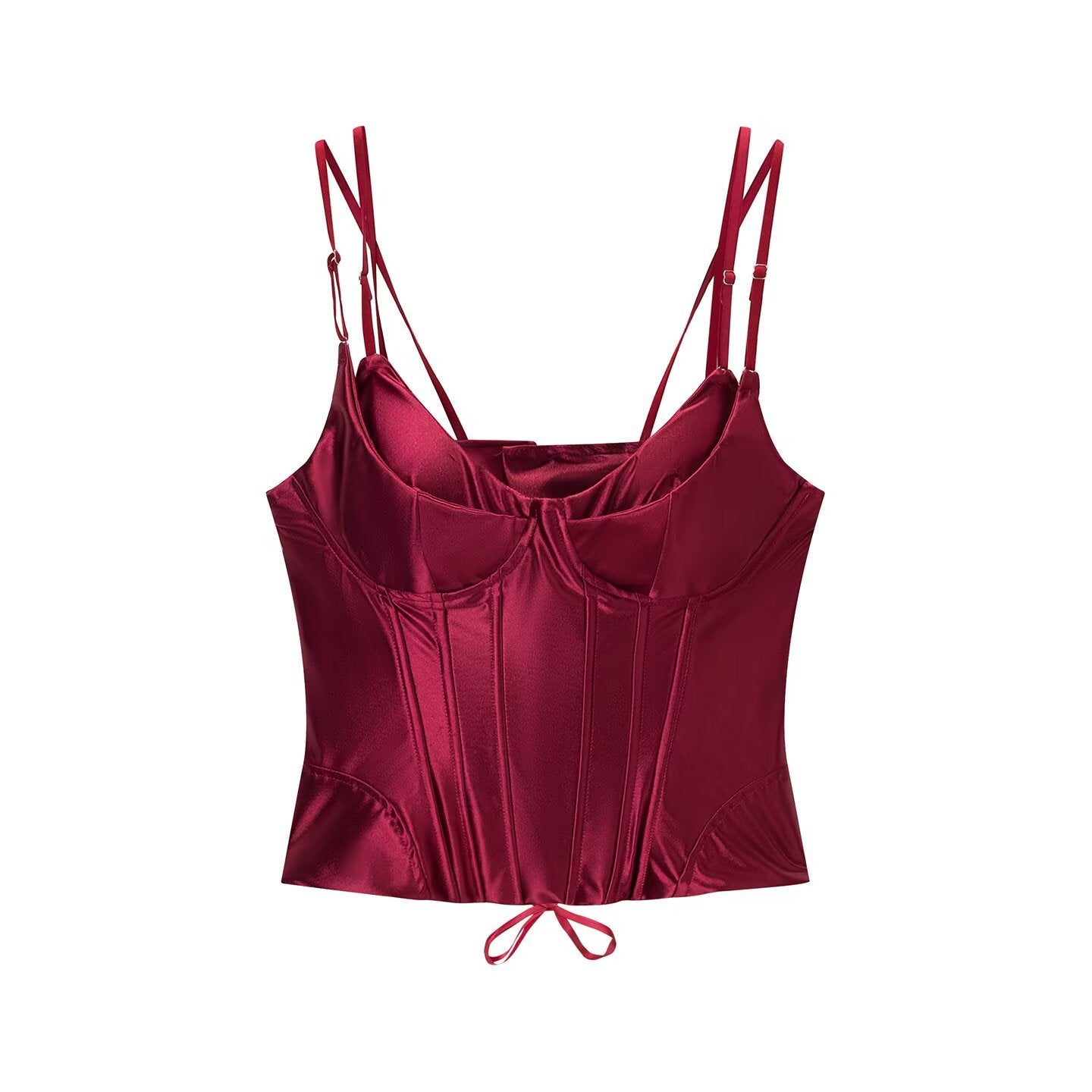 Hanger view of burgundy satin corset top showing the sweetheart neckline, front tie detail, and fitted bustier construction