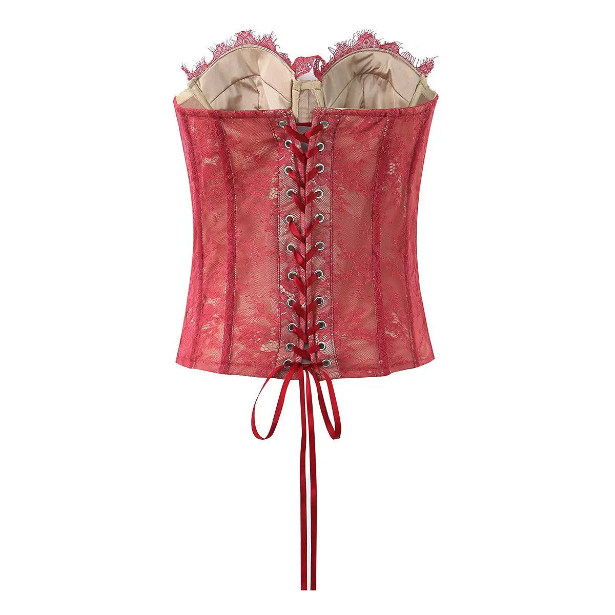 Burgundy lace corset top, back view with lace-up closure on white background