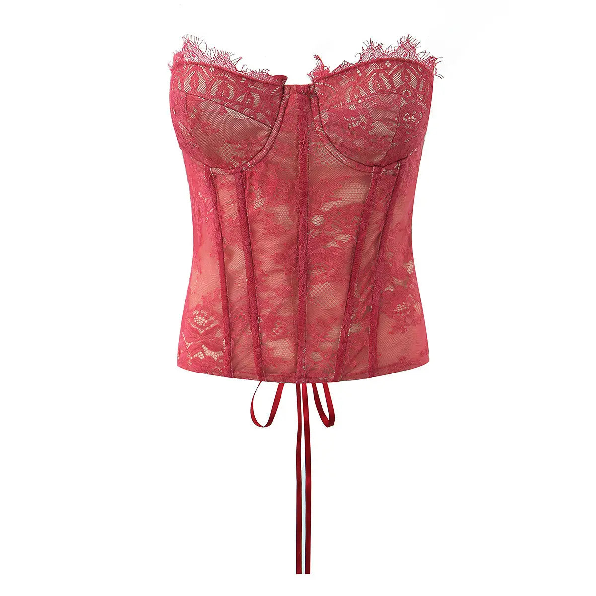 Detailed front view of burgundy lace strapless corset on white background