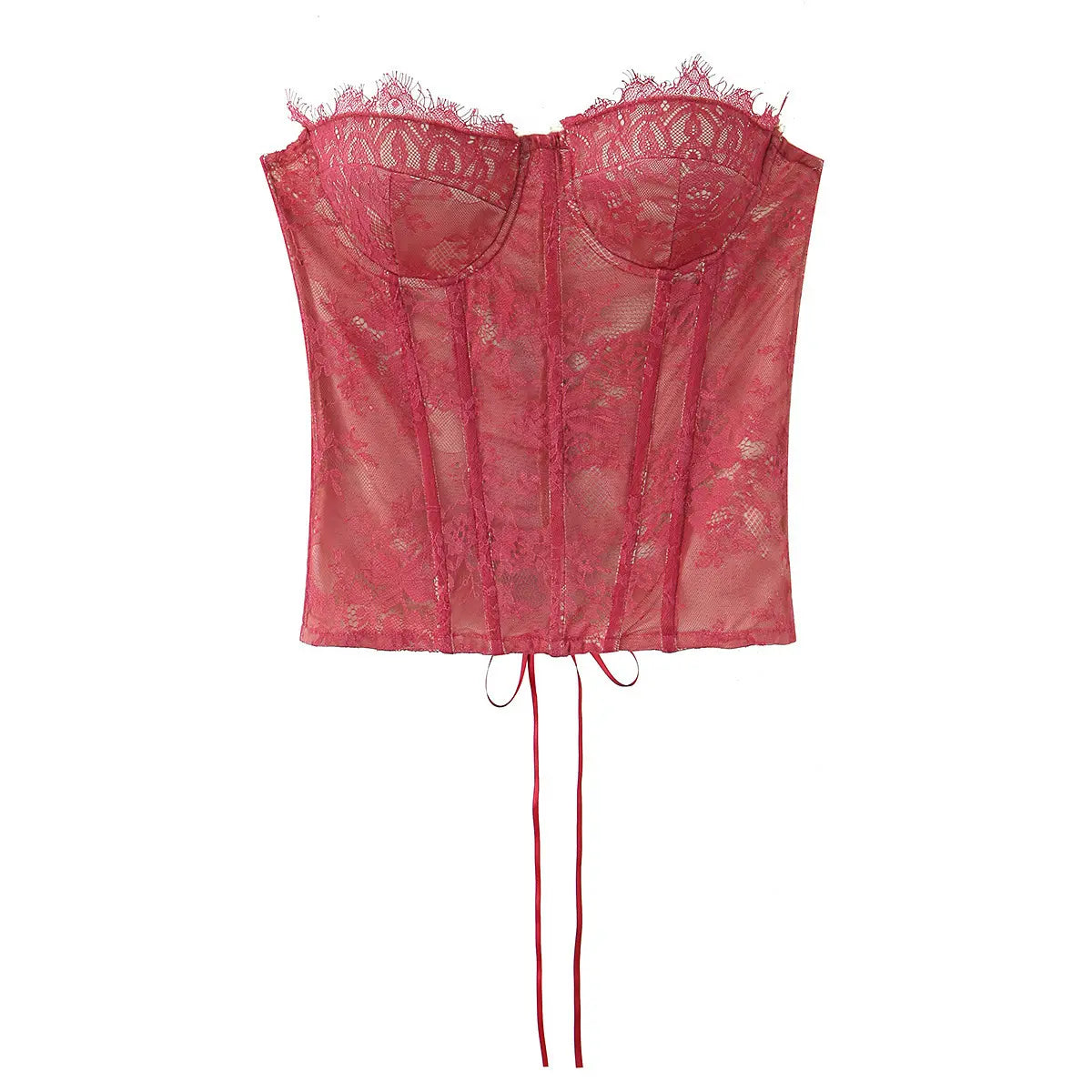 Burgundy lace strapless corset top, front view on white background