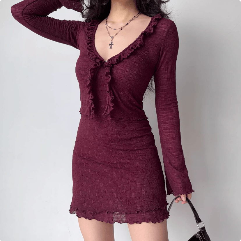 Women burgundy textured ruffle v neck long sleeve open cardigan + high waist ruffle hem bodycon cami mini dress two piece set, elegant dark vintage chic party outfit