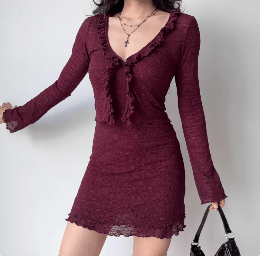 Full front model wear view burgundy textured lace ruffle v neck bell sleeve cropped cardigan + double ruffle hem slim cami mini dress 2 piece matching set, elegant vintage dark academia casual party dress
