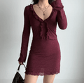 Side view model wear burgundy textured ruffle trim v neck long sleeve cardigan high waist bodycon ruffle hem cami mini dress two piece set, elegant vintage chic casual outfit