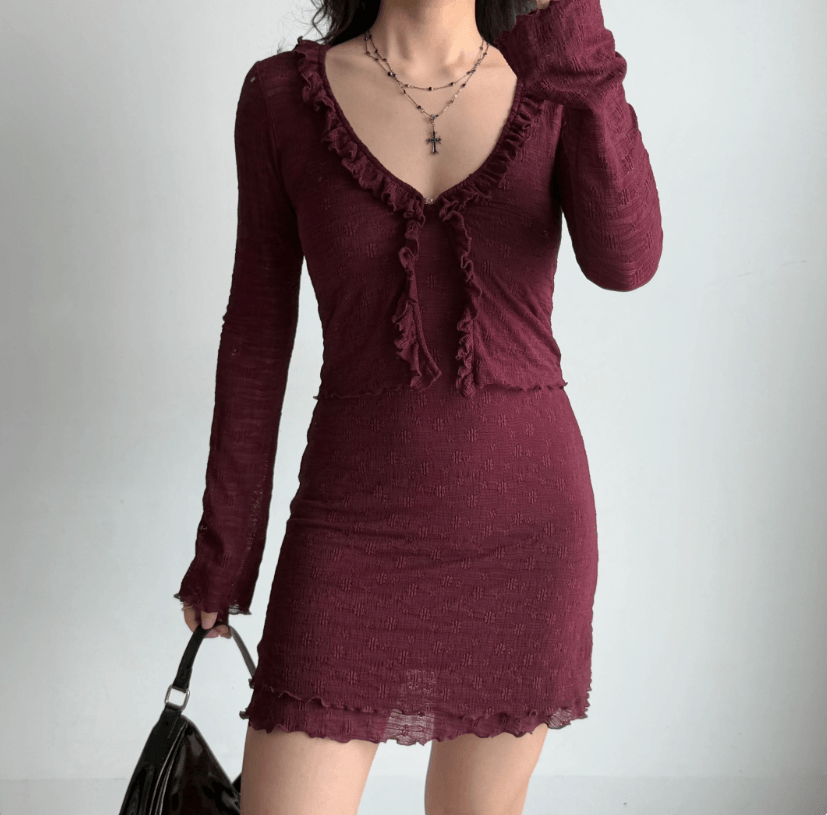 Side view model wear burgundy textured ruffle trim v neck long sleeve cardigan high waist bodycon ruffle hem cami mini dress two piece set, elegant vintage chic casual outfit