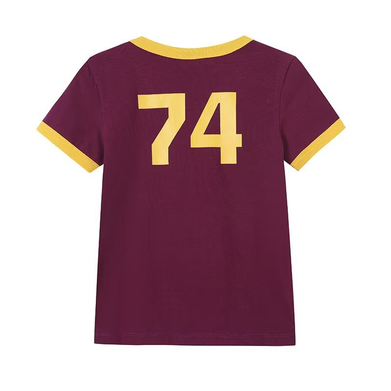 Back view of burgundy ringer tee with "74" print