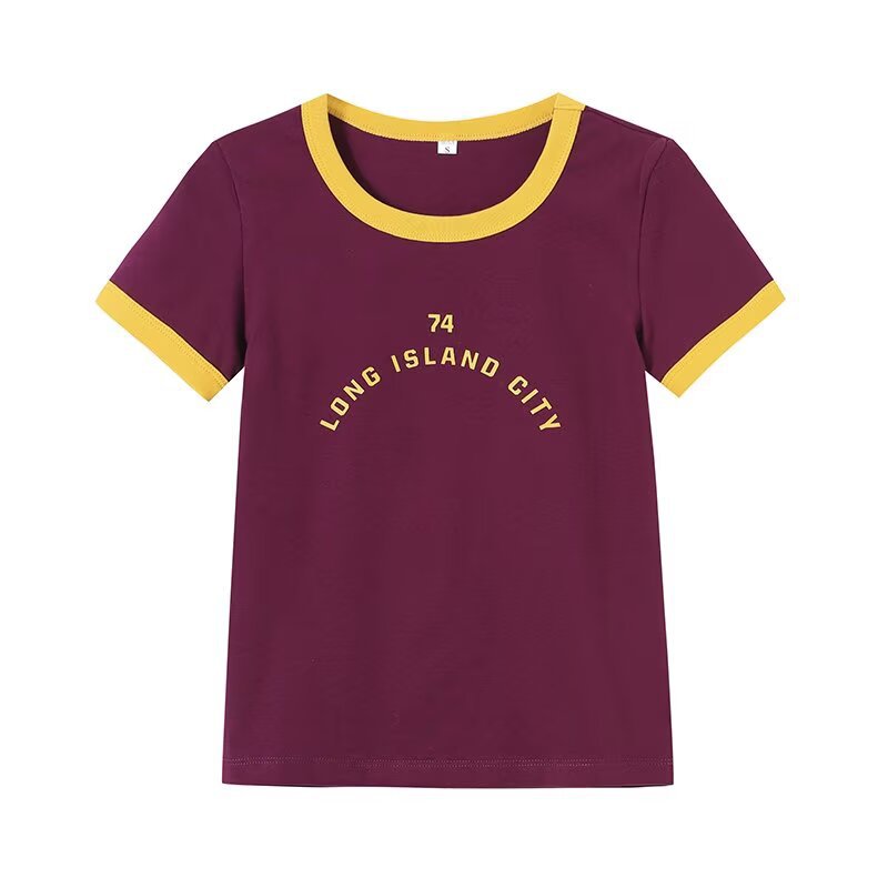 Front view of burgundy ringer tee with "74" text