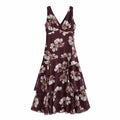 Front flat product shot deep v sleeveless midi sundress, multi-layer uneven ruffle skirt, back invisible zipper