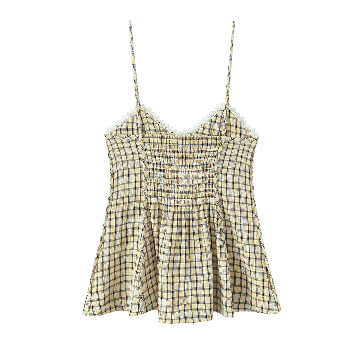 Back view of yellow plaid peplum cami