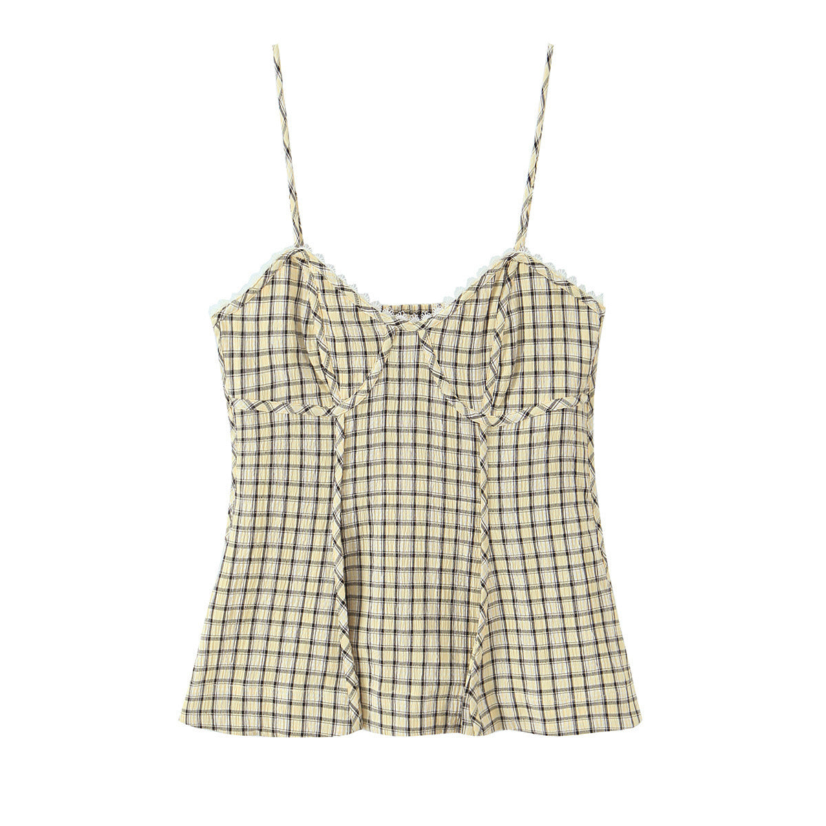Front view of yellow plaid peplum cami
