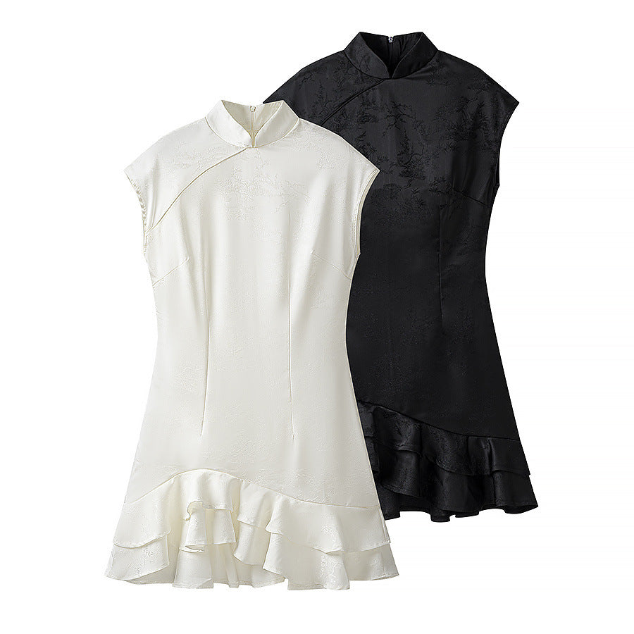 Black and white versions of the jacquard cheongsam-style dress side by side, showcasing the fitted bodice and ruffled hem