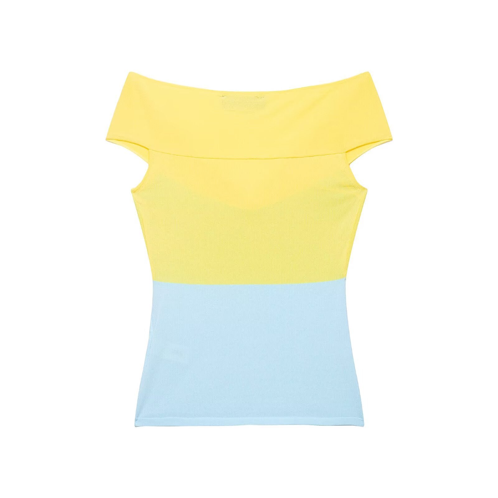 Hanger back view of yellow and blue color-block top with seamless, fitted construction