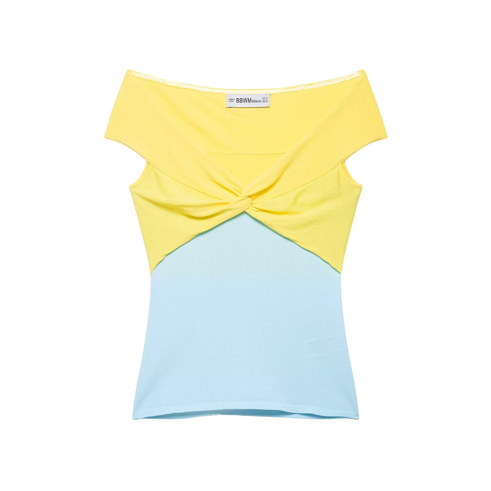 Hanger view of yellow and blue color-block top showing the front knot detail, two-tone design, and cap sleeves