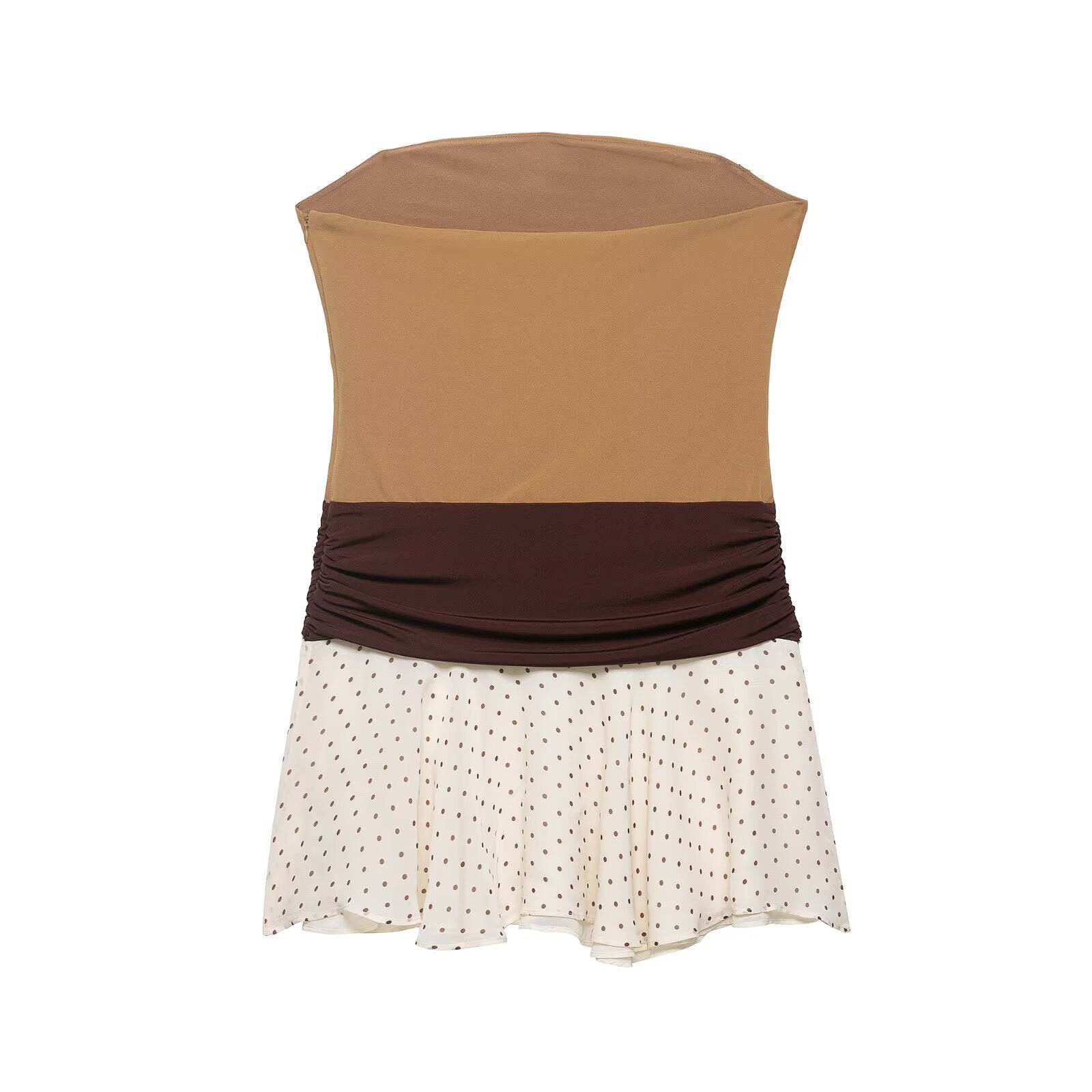Back flat view khaki brown colorblock strapless tube top waist ruched polka dot chiffon flared hem mini dress, chic retro casual party dress