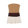 Front flat view khaki brown colorblock strapless tube top waist gathered ruched contrast polka dot chiffon flared hem slim mini dress, elegant retro vacation party dress